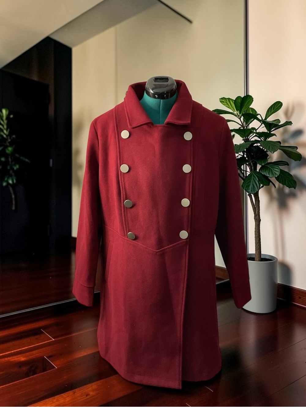 Double-Breasted Women's Pea Coat in Deep Red P:24.5” L:37”
